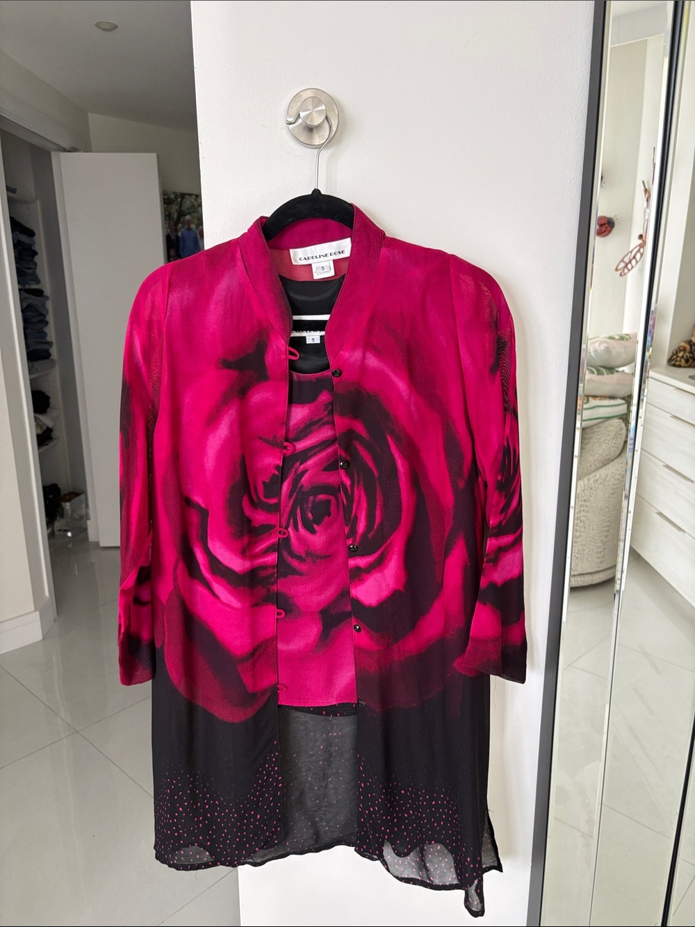 2 Piece Women's Magenta Rose-Print Long Jacket and Lined Tank